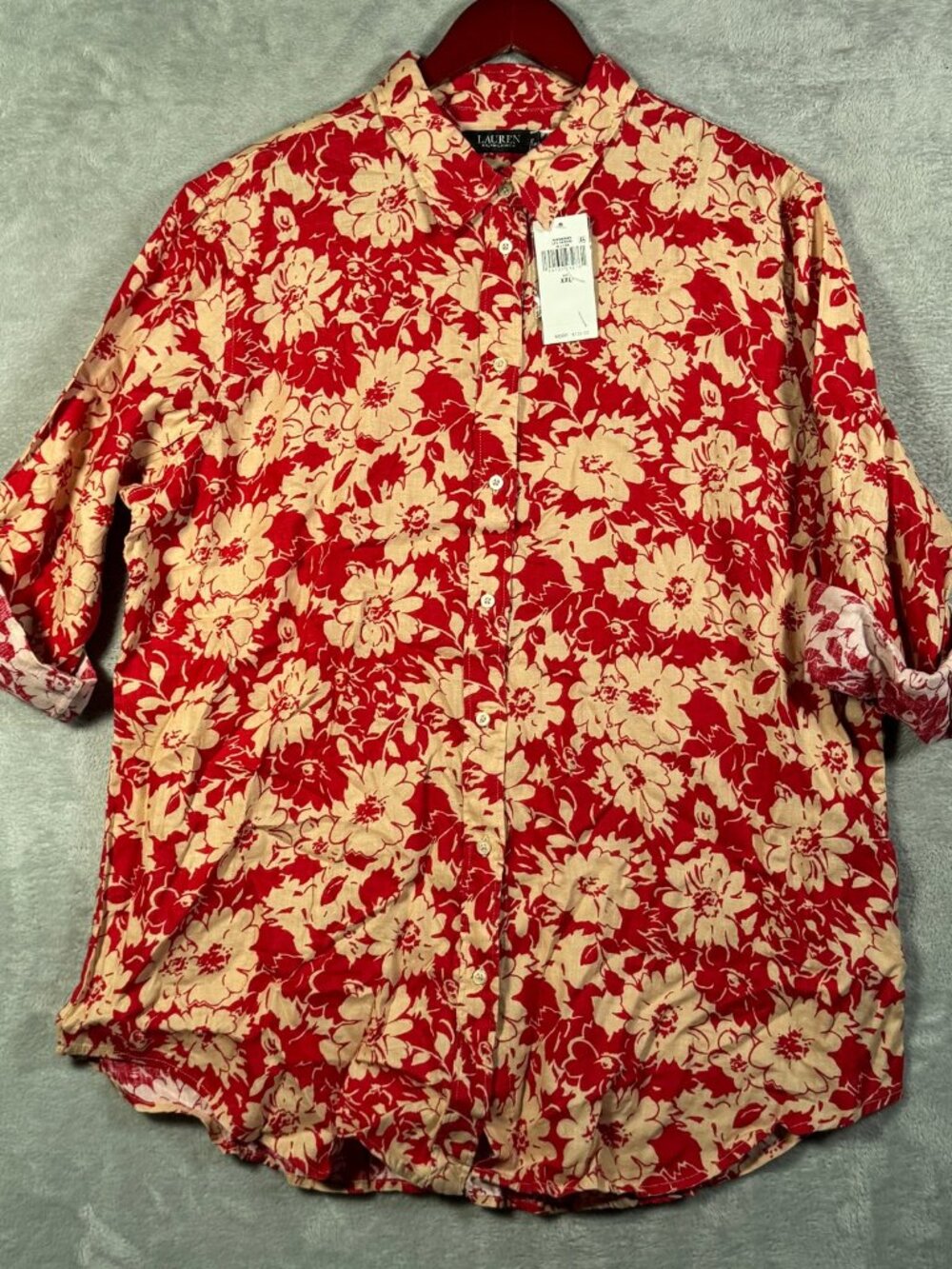 Lauren Ralph Lauren Button Up Shirt Womens XXL Red Tan Floral Linen $135 *FLAW